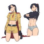  1girl absurdres black_hair cape dragon_ball dragon_ball_super dragon_ball_super_super_hero earrings gamma_2 genderswap genderswap_(mtf) gloves highres jacket jenxd_d jewelry long_hair navel panties ponytail red_cape red_eyes red_ribbon_army shorts superhero_costume underwear undressing yellow_jacket 