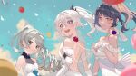  3girls backless_dress backless_outfit balloon bare_shoulders blue_flower blue_rose blue_sky blurry blurry_foreground breasts bronya_zaychik cleavage closed_mouth cloud cloudy_sky dress drill_hair elbow_gloves english_commentary flower gloves grey_eyes grey_hair highres honkai_(series) honkai_impact_3rd htt_(user_phhn3327) kiana_kaslana kiana_kaslana_(herrscher_of_finality) looking_at_viewer looking_back medium_breasts multiple_girls outdoors purple_eyes purple_flower purple_hair purple_rose raiden_mei red_flower red_rose rose sky sleeveless sleeveless_dress smile teeth upper_body upper_teeth_only white_dress white_gloves white_hair 