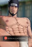  1boy abs bara beard bulge cowboy_shot facial_hair forehead_protector full_beard fundoshi hydaria japanese_clothes konohagakure_symbol large_pectorals leaning_back looking_at_viewer male_focus mature_male muscular muscular_male naruto_(series) naruto_shippuuden navel nipples paid_reward_available pectorals sarutobi_asuma short_hair shredded_muscles sitting solo spread_legs stomach topless_male watermark 