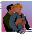  2boys absurdres ao_isami black_hair blonde_hair cheekbones closed_eyes couple facial_hair from_side hand_on_another&#039;s_chest highres hug inset_border interracial kiss kissing_cheek lewis_smith male_focus medium_sideburns multiple_boys pretentiousfork sideburns_stubble stubble thick_eyebrows upper_body yaoi yuuki_bakuhatsu_bang_bravern 