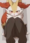  1girl animal_ear_fluff animal_ears animal_feet animal_nose arm_support arms_at_sides black_fur blush body_fur border braixen commentary fang feet fox_ears fox_girl fox_tail full_body furry furry_female grey_background grey_border highres knees_together_feet_apart knees_up leaning_back legs looking_at_viewer makugafin multicolored_fur neck_fur open_mouth outside_border pigeon-toed pokemon pokemon_(creature) red_eyes simple_background sitting skin_fang solo straight-on tail white_fur yellow_fur 