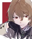  1boy akechi_gorou black_gloves border brown_hair brown_jacket caddy_cyd closed_mouth commentary gloves hair_between_eyes jacket long_sleeves looking_to_the_side male_focus persona persona_5 portrait red_background red_eyes shadow shirt short_hair smile solo white_border white_shirt 