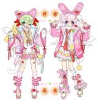  2000s_(style) 2girls :o angel_wings animal_ears apron aranotchi argyle_clothes argyle_jacket asymmetrical_legwear bandaid_on_thigh beanie belt blouse blue_eyes blue_shirt blush_stickers bow bridal_garter buttons cat_ears cat_necklace cat_tail center_frills checkered_necktie clover collar collared_jacket commentary_request cross-laced_footwear double-parted_bangs double_v ear_covers fingernails flat_color four-leaf_clover frilled_apron frilled_ribbon frilled_skirt frilled_sleeves frills full_body grey_hair hair_bow hair_ornament hairclip hat heart heart_hair_ornament heart_print highres jacket jewelry kneehighs layered_sleeves leg_belt leg_ribbon long_hair long_sleeves looking_at_viewer miniskirt mismatched_legwear multiple_belts multiple_girls necktie one_eye_closed open_clothes open_jacket open_mouth original pendant pink_belt pink_eyes pink_hair pink_hat pink_jacket pink_leg_warmers pink_nails pink_ribbon pink_skirt pink_sleeves pink_socks pleated_skirt pom_pom_(clothes) pom_pom_hair_ornament rabbit_ears rabbit_tail red_bow red_necktie red_ribbon ribbon ribbon_legwear shirt shoes short_twintails simple_background single_wing skirt sleeves_past_wrists smile sneakers socks star_(symbol) star_hair_ornament star_print striped_clothes striped_vest sweater_vest tail twintails v v-neck vertical-striped_clothes vertical-striped_vest vest waist_apron waist_bow watch white_apron white_background white_collar white_footwear white_garter white_shirt white_sleeves white_socks white_wings wings wristwatch yellow_vest 