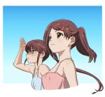  2girls bandaid bandaid_on_cheek bandaid_on_face blue_camisole brown_eyes brown_hair camisole closed_mouth commentary_request hair_ornament hairclip kiss_x_sis long_hair multiple_girls parted_lips ponytail red_camisole shitaya_tomoyuki siblings sisters smile suminoe_ako suminoe_riko twins upper_body 