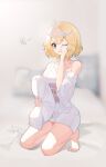  1girl absurdres bare_legs barefoot bed_sheet blonde_hair blue_eyes blurry blurry_background boller_jiang chromatic_aberration collarbone crossed_bangs floral_print hair_between_eyes hair_intakes highres holding holding_pillow japanese_clothes kimono kimono_skirt kneeling looking_at_viewer obi on_bed one_eye_closed parted_lips pillow purple_sash rubbing_eyes sash shachiku-san_wa_youjo_yuurei_ni_iyasaretai. short_hair sidelocks single_off_shoulder tearing_up thick_eyebrows white_kimono yuurei-chan 