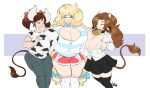 animal_humanoid animal_print big_breasts big_horn black_bottomwear black_clothing black_legwear black_skirt blonde_hair bottomwear bovid bovid_humanoid bovine bovine_humanoid breast_grab breast_squish breasts breasts_frottage brown_hair brown_tail cassie_torbjornson cattle_humanoid cleavage clothed clothing cow_print cowbell crossover denim denim_bottomwear denim_clothing dullvivid female group hair hand_on_breast hi_res horn huge_breasts human humanoid jeans legwear long_hair mammal mammal_humanoid meushi_mattie_(matsu-sensei) miniskirt pants pattern_clothing pattern_shirt pattern_topwear shirt shorts simple_background skindentation skirt squish standing striped_clothing striped_shirt striped_topwear stripes sukimi_(hataraki) tail tail_tuft thick_thighs topwear trio tuft white_background white_clothing white_shirt white_topwear