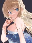  1girl bare_shoulders blonde_hair blue_dress braid breasts caddy_cyd closed_mouth dress eyelashes from_side gold_necklace grey_background hand_up highres jewelry long_hair looking_at_viewer necklace original shiny_skin sideboob skindentation smile solo sparkle upper_body 