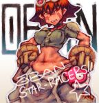  1girl baggy_pants commentary copyright_name covered_nipples ear_piercing english_text eva_wei facial_mark gloves goggles goggles_on_head hands_on_own_hips kyogo midriff navel oban_star-racers open_mouth pants piercing red_eyes red_hair short_hair signature simple_background solo standing star_(symbol) v-shaped_eyebrows white_background yellow_gloves 