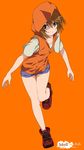  brown_eyes brown_hair hood hoodie kinuhata_saiai leaning_forward mizuki_makoto orange_background short_hair short_shorts shorts simple_background sleeveless sleeveless_hoodie smile solo thigh_gap to_aru_kagaku_no_railgun to_aru_majutsu_no_index 