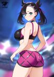  1girl ass black_hair black_sports_bra blue_eyes blush breasts choker highres kaos_art large_breasts looking_at_viewer marnie_(pokemon) pokemon pokemon_swsh solo sports_bra sportswear twintails 