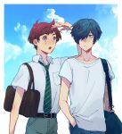  2boys bag blue_eyes blue_hair blue_sky border brown_eyes brown_hair cloud collarbone commentary_request dark_blue_hair diagonal-striped_clothes diagonal-striped_necktie freckles hair_over_one_eye hand_in_pocket height_conscious kuji_toi looking_at_another male_focus merimo multiple_boys necktie open_mouth sarazanmai school_uniform shirt short_hair shoulder_bag sky striped_clothes surprised t-shirt upper_body white_border white_shirt yasaka_kazuki 