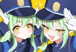  2girls blue_archive blush gloves green_hair hat highlander_sidelocks_conductor_(blue_archive) highlander_twintails_conductor_(blue_archive) highres long_hair long_sleeves multiple_girls open_mouth peaked_cap pineap000 pointy_ears simple_background white_gloves yellow_eyes 