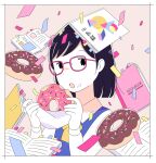  1girl black_hair book confetti doughnut eating flat_color food highres holding holding_doughnut holding_food long_sleeves notebook open_book open_mouth original pink-framed_eyewear satou_odori solo swept_bangs upper_body 