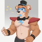 1:1 2024 5_fingers anthro bear bezzeroo black_bottomwear black_clothing black_nose black_pants blue_eyes bottomwear bow_tie bracelet clothed clothing ear_piercing ear_ring fingernails fingers five_nights_at_freddy&#039;s five_nights_at_freddy&#039;s:_security_breach front_view fur glamrock_freddy grey_background hat headgear headwear hi_res jewelry looking_aside makeup male mammal nails navel orange_body orange_fur pants pecs piercing ring_piercing scottgames shoulder_pads simple_background smile solo spiked_bracelet spikes star steel_wool_studios tan_body tan_fur top_hat topless white_background