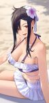  1girl bare_shoulders beach bikini bikini_skirt black_hair blush breasts collarbone commentary_request final_fantasy final_fantasy_vii final_fantasy_vii_remake flower hair_flower hair_ornament halterneck highres large_breasts long_hair looking_at_viewer looking_back navel nhaliz open_mouth outdoors purple_flower red_eyes sand sidelocks sitting smile solo stomach swimsuit tifa_lockhart tifa_lockhart_(shining_spirit) white_bikini 