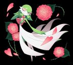  1girl black_background bow closed_eyes colored_skin commission crying dress eyeshadow flower gardevoir green_hair highres lotosu makeup multicolored_skin parted_lips petals pink_bow pink_eyeshadow pink_flower pink_rose plant pokemon pokemon_(creature) rose simple_background sketchygarden thorns two-tone_skin vines white_dress white_skin 
