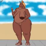 absurd_res anthro big_butt blonde_hair breasts butt cosmosarts erect_nipples female genitals hair hand_on_hip hi_res hippopotamid looking_at_another louise_(cosmosarts) mammal nipples nude overweight overweight_female plump_labia pussy sagging_breasts solo thick_thighs wide_hips