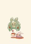  artist_name cherry commentary_request cup dessert floating food fruit goomy highres holding holding_spoon no_humans open_mouth pokemon pokemon_(creature) reuniclus simple_background solid_oval_eyes sparkle spoon twitter_username white_background zozozoshion 