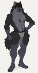 black_body black_fur black_hair canid canine canis clothing facial_piercing fur hair hand_on_hip hi_res male mammal mostly_nude muscular muscular_male nipples nose_piercing piercing polter_arts pose pubes red_eyes solo standing thick_thighs underwear wolf