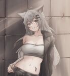  1girl absurdres animal_ears arknights bandeau breasts cleavage collarbone commentary_request elbow_gloves fingerless_gloves gloves grey_eyes grey_gloves grey_hair grin hair_ornament hairclip highres indoors lappland_(arknights) long_hair looking_at_viewer mameppu material_growth medium_breasts midriff navel off_shoulder oripathy_lesion_(arknights) scar scar_across_eye single_bare_shoulder smile solo stomach strapless tube_top upper_body very_long_hair wolf_ears 