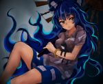  1girl bare_legs blue_eyes blue_hair bow bracelet breasts broken_umbrella doll grey_background hair_bow higashigure hood hoodie jewelry long_hair looking_at_viewer medium_breasts ofuda short_sleeves sitting skirt solo touhou umbrella wavy_hair yorigami_shion 