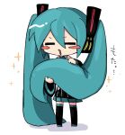  1girl absurdly_long_hair aqua_hair aqua_necktie black_footwear black_skirt black_sleeves black_thigh_boots blush_stickers boots chibi chibi_only closed_eyes full_body hair_between_eyes hatsune_miku holding_own_hair kyomu_305 long_hair long_sleeves necktie open_mouth shadow simple_background skirt solo standing thigh_boots twintails very_long_hair vocaloid white_background zettai_ryouiki 