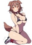 :3 accessory animal_humanoid batta18th big_breasts blush blush_lines bone bra braided_hair breasts brown_hair canid canid_humanoid canine canine_humanoid cat_smile clothing collar dog_humanoid female footwear hair hair_accessory hi_res hololive humanoid inugami_korone kneeling looking_at_viewer mammal mammal_humanoid navel orange_eyes panties shoes short_hair side_view signature simple_background smile solo tail text thick_thighs underwear vtuber