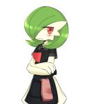  apron artist_name black_apron black_shirt blushpumpkin bob_cut colored_skin crossed_arms gardevoir green_hair hair_over_one_eye highres looking_at_viewer pink_eyes pokemon pokemon_(creature) sad shirt simple_background teardrop waist_apron white_background white_skin 