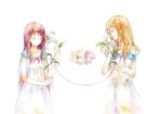  2girls bare_arms blonde_hair closed_eyes commentary_request dress flower hand_up holding holding_plant leaf long_hair looking_at_another moekon multiple_girls original painting_(medium) parted_lips plant profile red_hair sidelocks simple_background standing string string_of_fate traditional_media water_lily_flower watercolor_(medium) white_background white_dress white_flower yuri 