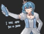  1girl blue_eyes blue_hair crown elbow_gloves english_text gloves hand_on_own_hip high_heels highres holding_shoe hololive hoshimachi_suisei mini_crown oracle_silbern shoes single_shoe solo speech_bubble steven_he threat virtual_youtuber 