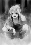  1boy angry child collared_shirt commentary_request forest frown grass greyscale hand_on_own_head long_sleeves looking_at_viewer male_focus moekon monochrome nature open_mouth original outdoors shirt shoes short_hair shorts socks solo squatting suspender_shorts suspenders tree 