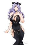  1girl alternate_costume artist_name bare_shoulders black_dress breasts camilla_(fire_emblem) cleavage closed_mouth clothing_cutout commentary dress english_commentary fake_horns fire_emblem fire_emblem_fates formal hair_ornament hair_over_one_eye highres horns large_breasts long_hair one_eye_covered purple_eyes purple_hair sierra117renner simple_background smile solo strapless strapless_dress twitter_username wavy_hair white_background 