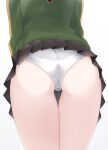  1girl absurdres arched_back ass ass_focus black_skirt cameltoe close-up clothes_lift commission from_behind green_jacket hayasui_(kancolle) highres ibuki_grunt jacket kantai_collection leaning_forward long_sleeves miniskirt panties pantyshot pleated_skirt skeb_commission skirt skirt_lift solo thigh_gap thighs track_jacket underwear white_background white_panties 
