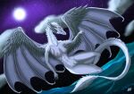 anthro breasts dniprodragon dragon feathered_dragon feathers female flying genitals grey_body hi_res luna_(satarra) membrane_(anatomy) membranous_wings moon mythological_creature mythological_scalie mythology navel night nipples pubes pussy scalie solo winged_dragon wings