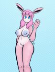 absurd_res anthro areola blue_eyes breasts ear_piercing ear_ring female fur generation_1_pokemon genitals hair hi_res looking_at_viewer max_draws nintendo nipples nude patreon piercing pink_body pink_fur pink_hair pokemon pokemon_(species) pussy ring_piercing solo standing white_body white_fur wigglytuff