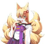 1girl animal_ear_fluff animal_ears bare_shoulders blonde_hair bmp-to-png_conversion constricted_pupils cowboy_shot eyeshadow folding_fan fox_ears fox_girl fox_tail game_cg green_eyes hair_between_eyes hakama hakama_skirt hand_fan hand_on_own_hip holding holding_fan japanese_clothes jingai_modoki kimono kitsune lolibaba long_hair looking_at_viewer makeup mon-musu_quest! monster_girl multiple_tails non-web_source obi partially_shaded_face print_folding_fan purple_hakama purple_sash red_eyeshadow sash serious simple_background skirt slit_pupils solo tail tamamo_(mon-musu_quest!) transparent_background v-shaped_eyebrows white_kimono wide_sleeves 
