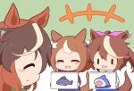  +++ 3girls :d ^_^ animal_ears blue_shorts blush_stickers brown_hair chibi closed_eyes closed_mouth gomashio_(goma_feet) green_background green_shirt hair_between_eyes hair_ribbon holding hood hood_down hoodie horse_ears horse_girl horse_tail long_hair multicolored_hair multiple_girls pink_ribbon ponytail purple_shirt ribbon shirt shorts smile streaked_hair symboli_rudolf_(umamusume) tail tokai_teio_(umamusume) tsurumaru_tsuyoshi_(umamusume) two-tone_background umamusume white_background white_hair white_hoodie |_| 