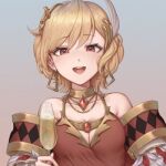  1girl blonde_hair brown_dress citrinne_(fire_emblem) dress earrings feather_hair_ornament feathers fire_emblem fire_emblem_engage gold_choker gold_trim hair_ornament hoop_earrings jewelry lowres manymanylilies mismatched_earrings red_eyes wing_hair_ornament 