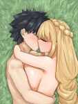  1boy 1girl absurdres black_hair blonde_hair braid breast_press breasts closed_eyes demeter_(fate) fate/grand_order fate_(series) fujimaru_ritsuka_(male) hands_on_another&#039;s_neck hands_on_another&#039;s_waist hetero highres implied_sex kiss large_breasts nude on_grass short_hair steamingtofu 