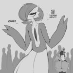 1:1 ambiguous_gender anthro biped bodily_fluids butt dialogue gardevoir generation_3_pokemon generation_4_pokemon group hi_res lucario nintendo pokemon pokemon_(species) rear_view saltyxodium sweat tail