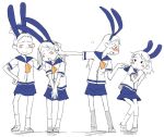  4girls animal_ears bare_arms black_socks blue_serafuku blue_skirt blush blush_stickers chestnut_mouth closed_eyes closed_mouth extra_ears full_body furrowed_brow glasses hand_on_another&#039;s_back hand_on_another&#039;s_shoulder hand_on_own_hip hands_up hara_(pencilpen) height_difference knees_apart_feet_together knees_together_feet_apart legs_apart limited_palette long_hair looking_at_another multiple_girls nose nose_blush nostrils open_mouth original own_hands_together parted_lips pointing pointing_at_another profile pushing_away rabbit_ears raised_eyebrows school_uniform serafuku shirt shoes short_hair short_sleeves simple_background skirt smile socks spot_color standing sweat swept_bangs tareme tongue v-shaped_eyebrows very_short_hair white_background white_shirt white_socks 