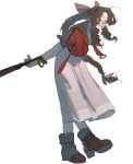  1girl aerith_gainsborough arms_behind_back blush boots bow braid braided_ponytail brown_footwear brown_hair closed_eyes cropped dress final_fantasy final_fantasy_vii final_fantasy_vii_remake full_body gold_bracelet grin hair_bow highres holding holding_staff jacket jewelry knbn_0728 leaning_forward long_hair multiple_bracelets necklace open_clothes open_jacket pink_bow pink_dress red_jacket sidelocks smile solo staff sundress 