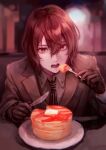  1boy akechi_gorou bishounen black_gloves booth_seating brown_hair brown_jacket butter commentary cutlery dated_commentary diagonal-striped_clothes diagonal-striped_necktie eyelashes food fork gloves hair_between_eyes holding holding_fork holding_knife jacket knife long_sleeves looking_at_viewer male_focus maple_syrup necktie open_mouth pancake pancake_stack persona persona_5 red_eyes sekiyu_inu shirt short_hair sitting solo striped_clothes upper_body 