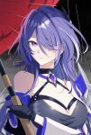  1girl acheron_(honkai:_star_rail) black_choker black_gloves breasts ch1yo_(cy_ch1yo) choker cleavage detached_sleeves gloves hair_over_one_eye hand_up highres holding holding_umbrella honkai:_star_rail honkai_(series) long_hair looking_at_viewer purple_eyes purple_hair rain red_umbrella single_bare_shoulder solo umbrella 