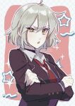  12_hnt 1girl ahoge alternate_costume black_jacket blazer collared_shirt crossed_arms fate/grand_order fate_(series) grey_hair jacket jeanne_d&#039;arc_alter_(avenger)_(fate) jeanne_d&#039;arc_alter_(fate) looking_at_viewer necktie open_clothes open_jacket open_mouth pink_background red_necktie school_uniform shirt short_hair simple_background solo sweater_vest upper_body yellow_eyes 