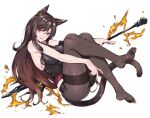  1girl absurdres animal_ear_piercing animal_ears arknights ass bare_arms bare_shoulders black_one-piece_swimsuit brothercoral brown_hair brown_tail brown_thighhighs cat_ears cat_girl cat_tail commission feet fire full_body highres knees_up long_hair looking_at_viewer one-piece_swimsuit open_mouth orange_eyes skeb_commission skyfire_(arknights) smile soles solo swimsuit tail thighhighs toes wet white_background 