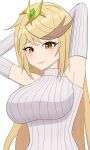  1girl bare_shoulders blush breasts gem hair_ornament highres large_breasts long_hair long_sleeves looking_at_viewer mythra_(xenoblade) ribbed_sweater smile solo super_smash_bros. sweater white_background xenoblade_chronicles_(series) xenoblade_chronicles_2 xenoblade_chronicles_2:_torna_-_the_golden_country yissou_art 