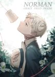  1boy absurdres artist_name black_suit blue_eyes bush character_name collared_shirt cup disposable_cup facing_to_the_side fedora flower hat highres holding holding_clothes holding_hat looking_up neck_tattoo norman_(yakusoku_no_neverland) number_tattoo parted_lips red_tie shirane_rine shirt short_hair solo standing string suit tattoo unworn_hat unworn_headwear white_flower white_hair white_shirt yakusoku_no_neverland 