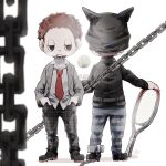  2boys animal_ear_headwear animal_ears ball beanie belt black_eyes black_footwear black_hat black_jacket black_pants black_sleeves blue_pants blush_stickers brown_hair candy_stick cat_ears chain closed_mouth coattails collared_jacket collared_shirt commentary_request cuffs danganronpa_(series) danganronpa_v3:_killing_harmony dated dual_persona expressionless fake_animal_ears food_in_mouth from_behind full_body grey_belt grey_jacket grey_sleeves half-closed_eyes hands_in_pockets hat holding_tennis_racket hoshi_ryoma jacket layered_sleeves long_sleeves multiple_boys necktie open_clothes open_jacket pants plaid plaid_pants red_necktie school_uniform shackles shadow shirt shoes short_hair signature simple_background single_ankle_cuff standing straight-on tennis_ball throwing two-tone_pants u_u_ki_u_u white_background white_shirt 