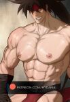  1boy abs bara briefs brown_hair bulge cowboy_shot grin guilty_gear hair_over_one_eye headband huge_pectorals hydaria long_hair looking_at_viewer looking_to_the_side male_focus male_underwear muscular muscular_male navel nipples paid_reward_available red_male_underwear smile sol_badguy solo spiked_hair stomach topless_male underwear watermark 